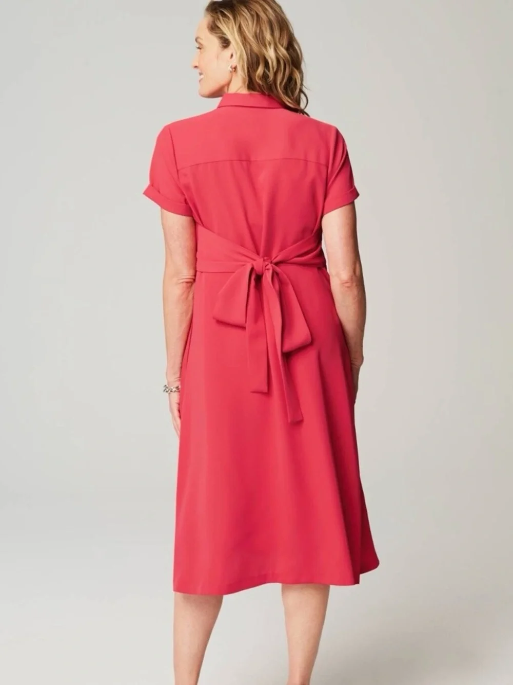 J. Jill Wearever Collection Red Shirt Dress Tie Waist ShortSleeve Midi XS Petite - Picture 4 of 16